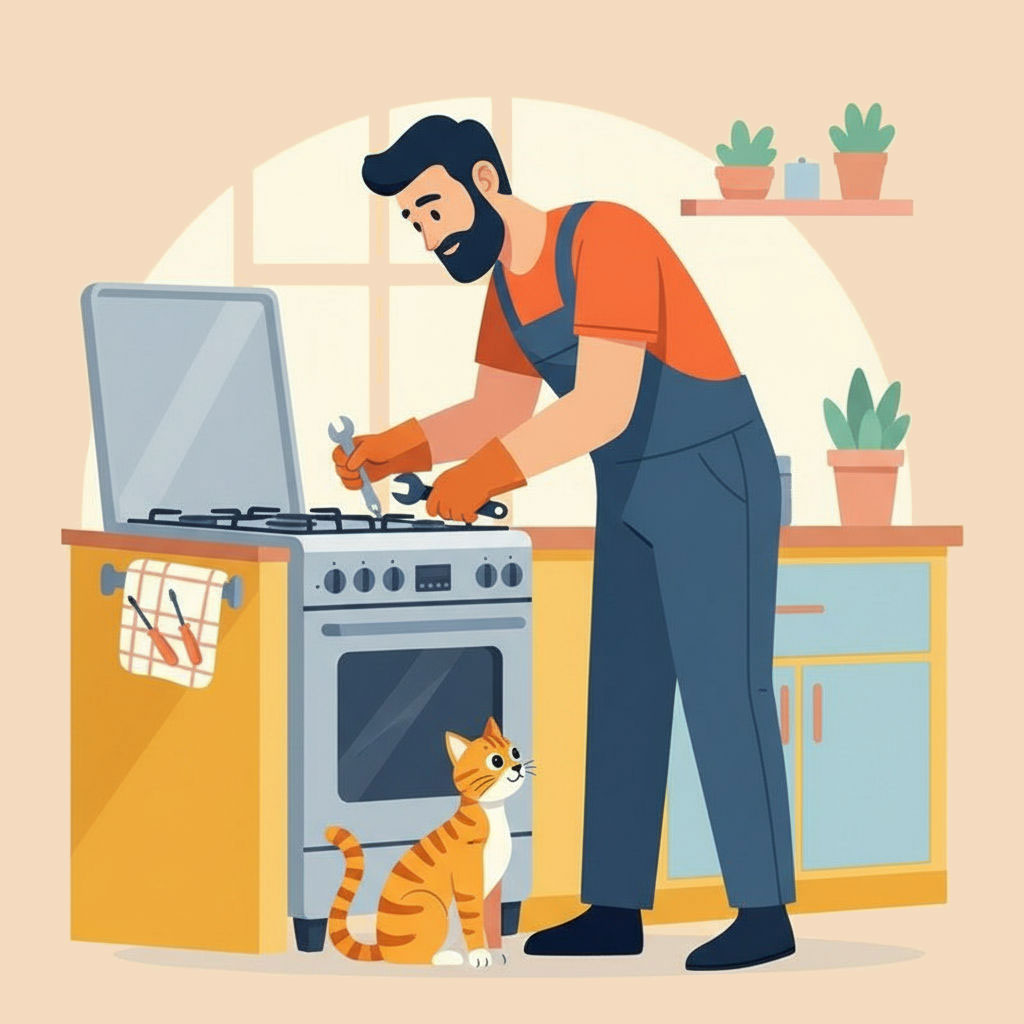 tecnico ripara fornello a gas gatto lo guarda a Roma